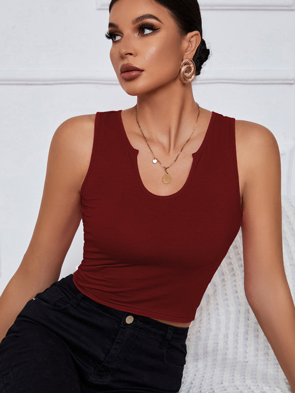 Levoire | Femmes tricot U-décolleté polyvalent court gilet Rouge vin