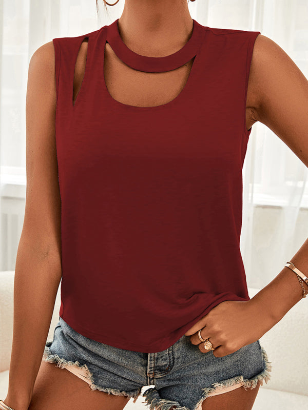 Levoire | Femme Tricoté Col Ronde Design Trou Veste Rouge vin
