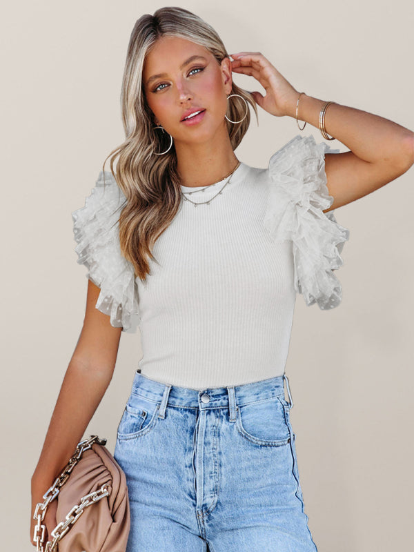 Levoire | Femme Tricot Transparent Filet Couture Volants Vest Crème
