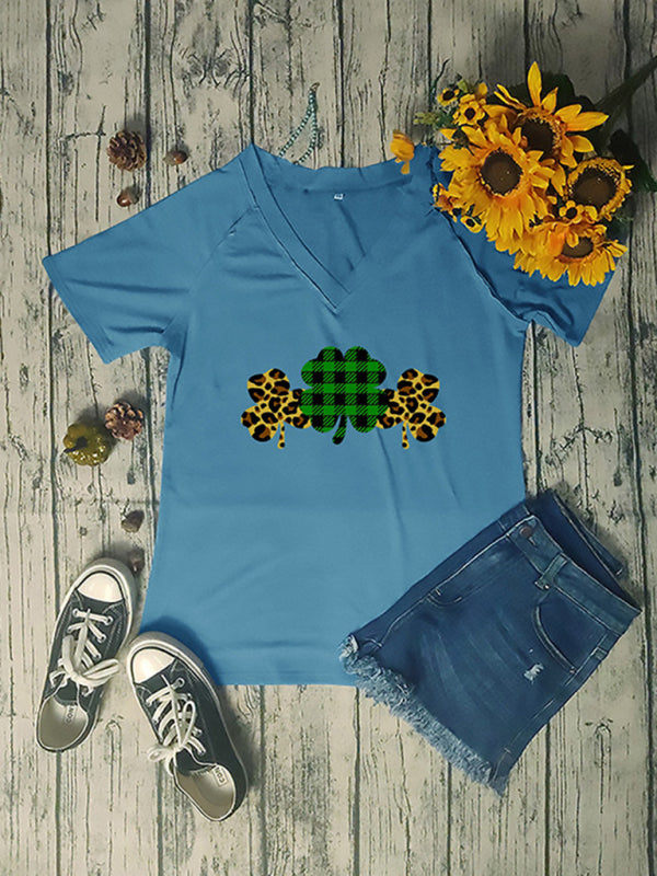 Levoire | Femmes V neck imprimé trèfle t-shirt à manches courtes
