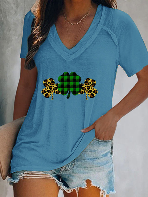 Levoire | Femmes V neck imprimé trèfle t-shirt à manches courtes Bleu