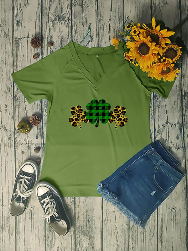 Levoire | Femmes V neck imprimé trèfle t-shirt à manches courtes