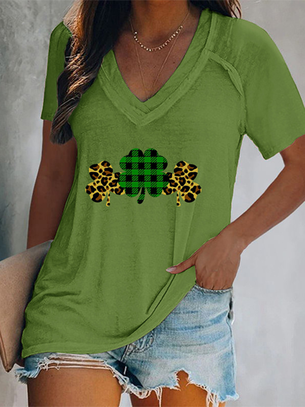 Levoire | Femmes V neck imprimé trèfle t-shirt à manches courtes Vert