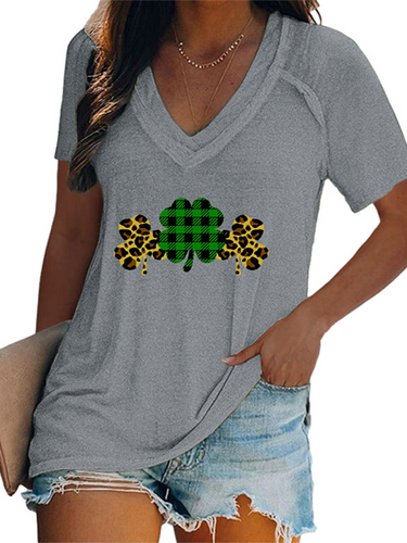 Levoire | Femmes V neck imprimé trèfle t-shirt à manches courtes