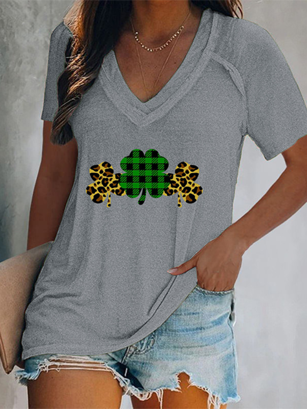 Levoire | Femmes V neck imprimé trèfle t-shirt à manches courtes