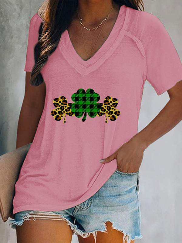 Levoire | Femmes V neck imprimé trèfle t-shirt à manches courtes Rosa