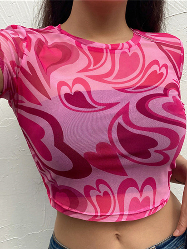 Levoire | Femme Col rond Amour Mesh sexy transparent à manches courtes T-shirt Top Rosa