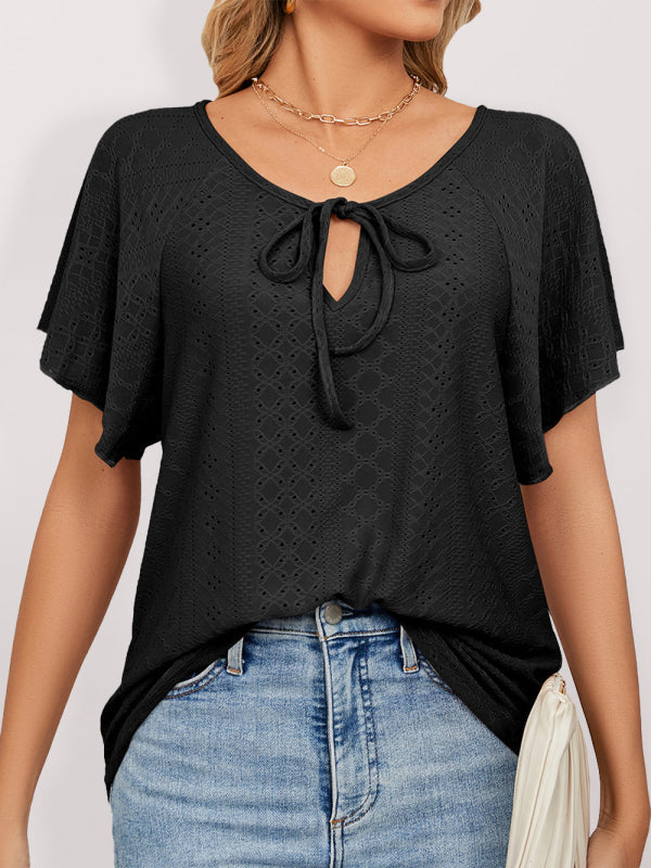 Levoire | Femmes Uni Col Ronde Bande Courtes Manches Détaché Tricot Haut Noir