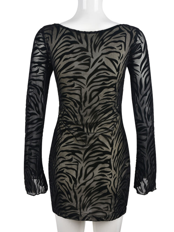 Levoire | Robe longue à manches longues en mesh à imprimé zèbre sexy dame