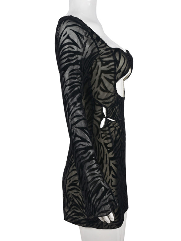 Levoire | Robe longue à manches longues en mesh à imprimé zèbre sexy dame