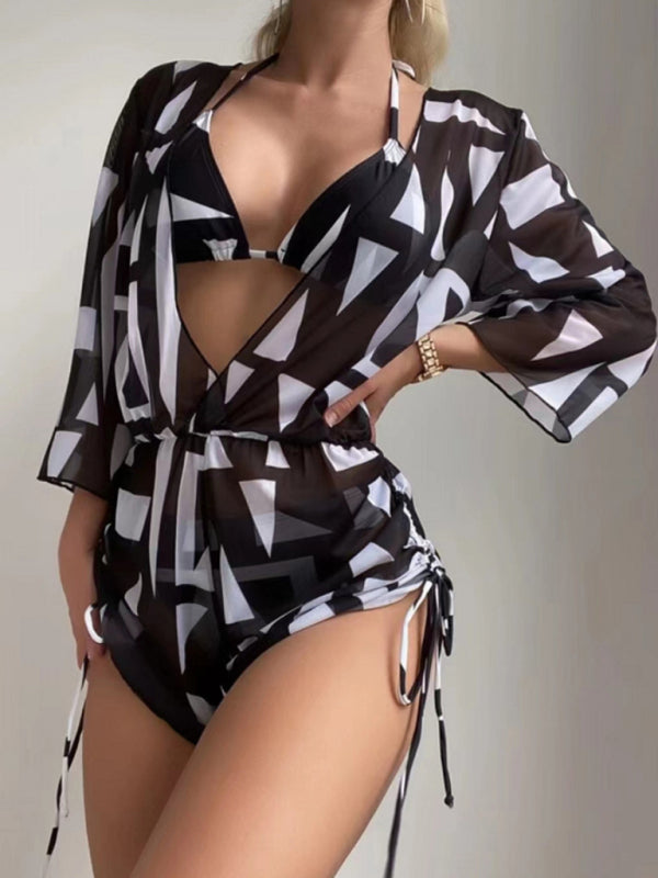 Levoire | Femme Imprimé Tropical Plissé Taille Haute Bikini Trois Pièces Ensemble Noir