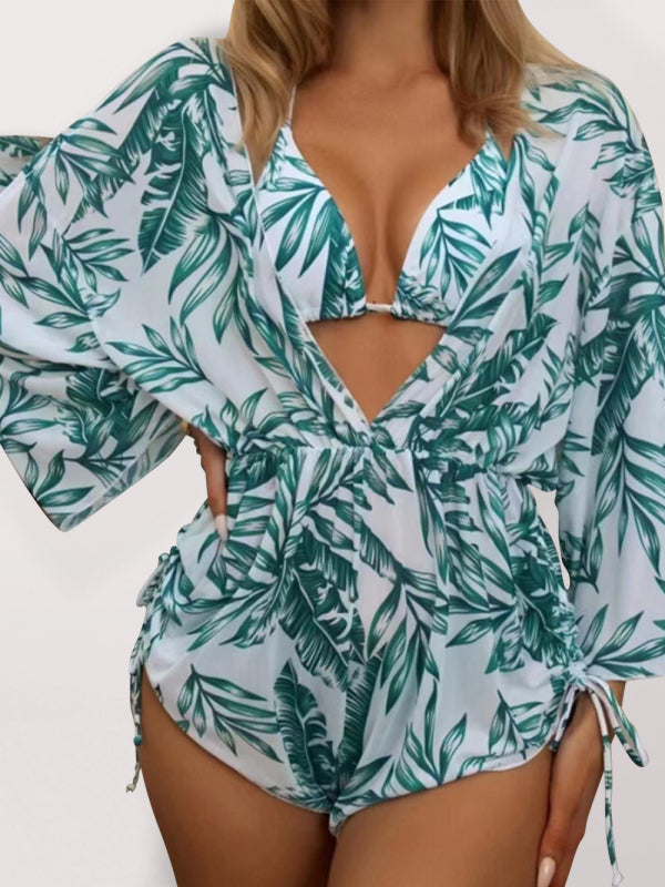 Levoire | Femme Imprimé Tropical Plissé Taille Haute Bikini Trois Pièces Ensemble Vert