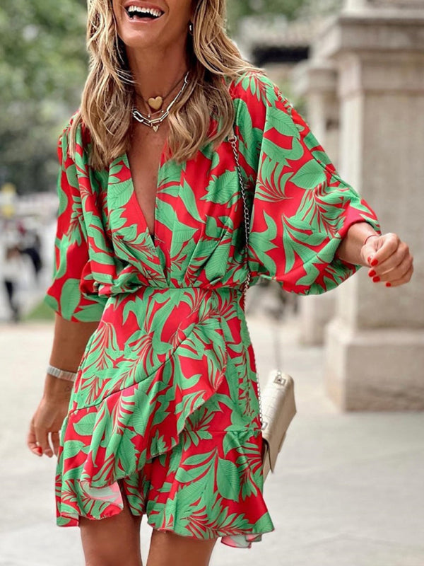 Levoire | Femme Imprimé Deep V Pufferm Élégant Robe Lotus