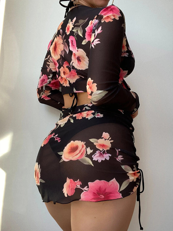 Levoire | Femme Imprimé Corde Blouse Manches Longues Ensemble de Bikini Quatre Pièces