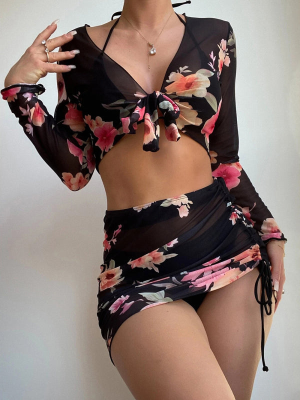 Levoire | Femme Imprimé Corde Blouse Manches Longues Ensemble de Bikini Quatre Pièces Noir
