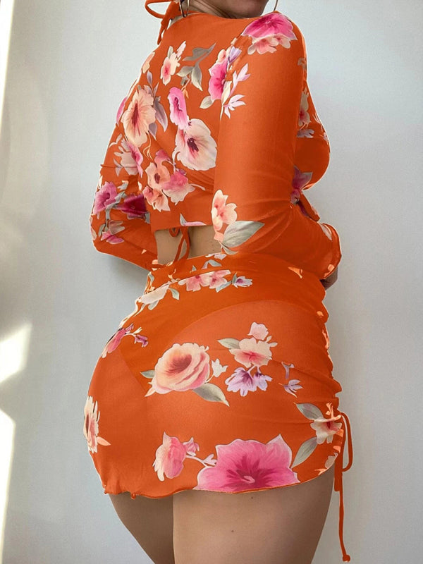 Levoire | Femme Imprimé Corde Blouse Manches Longues Ensemble de Bikini Quatre Pièces