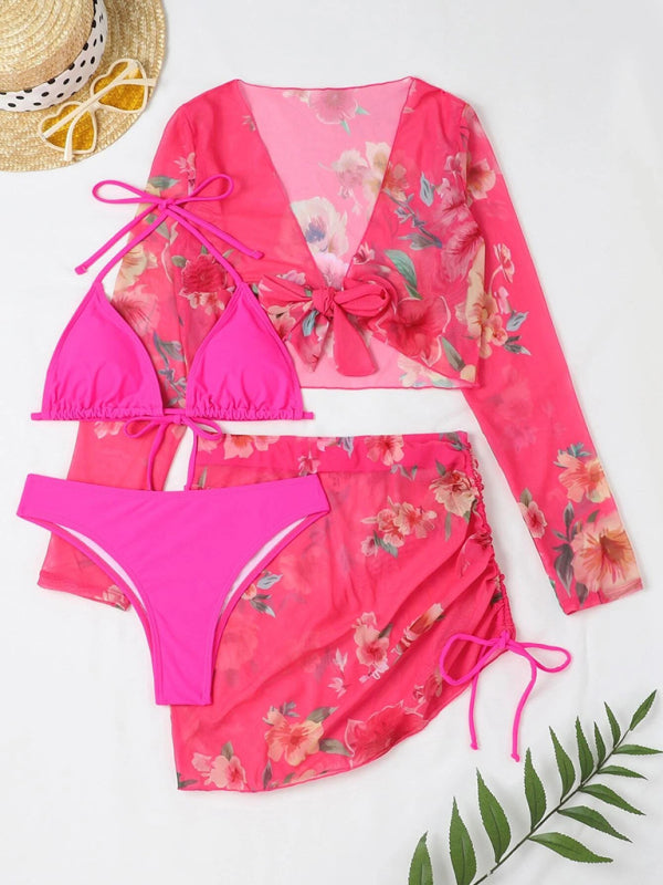 Levoire | Femme Imprimé Corde Blouse Manches Longues Ensemble de Bikini Quatre Pièces