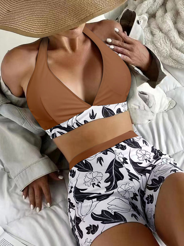 Levoire | Femme Taille Haute Boxer Liant Imprimé Uni Panneau Bikini Braun