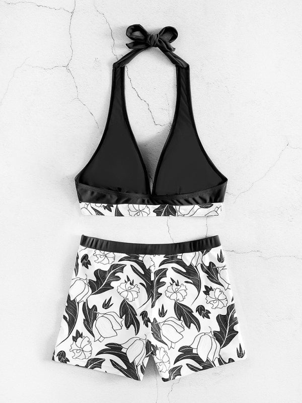 Levoire | Femme Taille Haute Boxer Liant Imprimé Uni Panneau Bikini