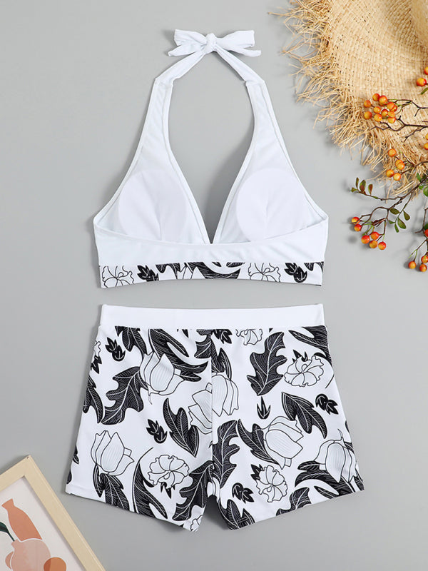 Levoire | Femme Taille Haute Boxer Liant Imprimé Uni Panneau Bikini