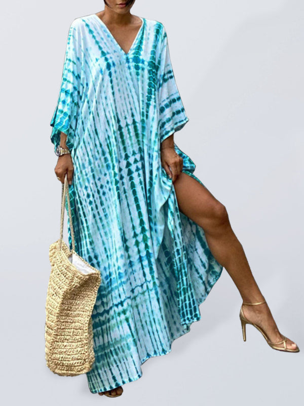 Levoire | Blouse de plage en coton imprimé Robe de vacances Protection solaire Chemise Blouse de bikini Robe de vacances Bleu UNE TAILLE