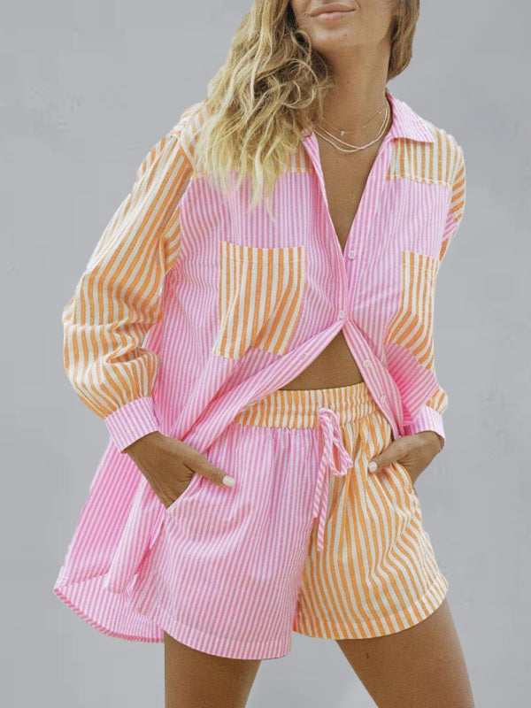 Levoire | Été Plage Vêtements de Sport Short Ensemble Rayé Chemise Tops Short Ensemble Ensemble Deux Pièces Rosa