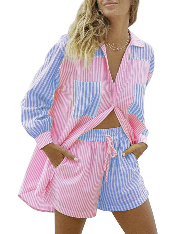 Levoire | Été Plage Vêtements de Sport Short Ensemble Rayé Chemise Tops Short Ensemble Ensemble Deux Pièces