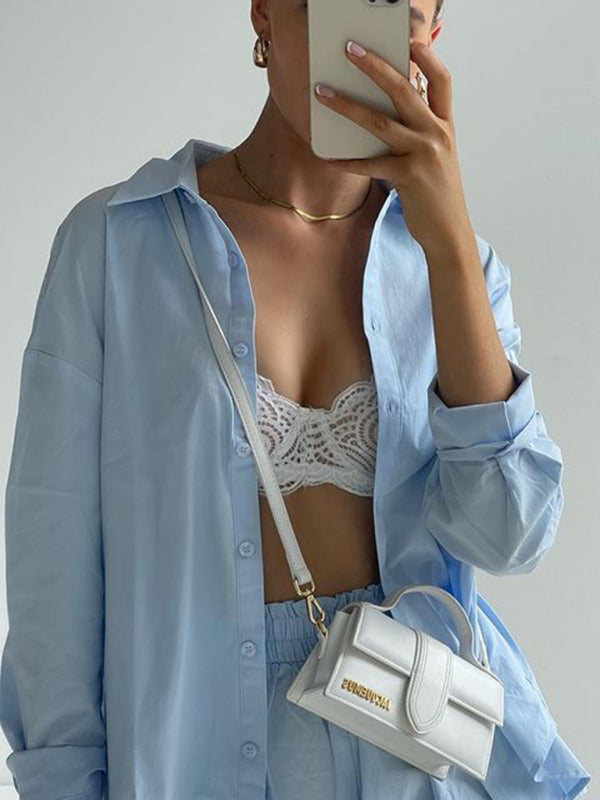 Levoire | Pour deux personnes Non teint Simple bouton Manches longues Chemise à rabat shorts Mode décontractée Tenue de loisirs