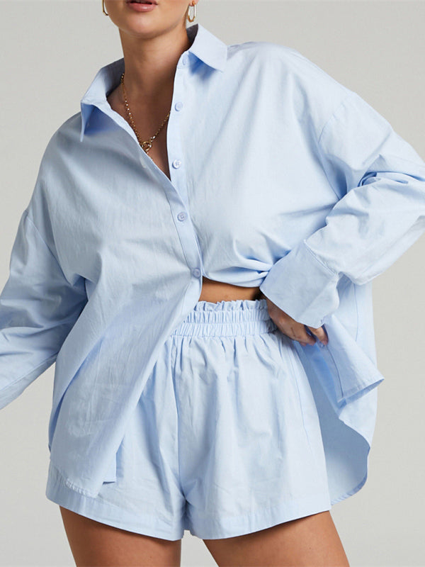 Levoire | Pour deux personnes Non teint Simple bouton Manches longues Chemise à rabat shorts Mode décontractée Tenue de loisirs Bleu clair