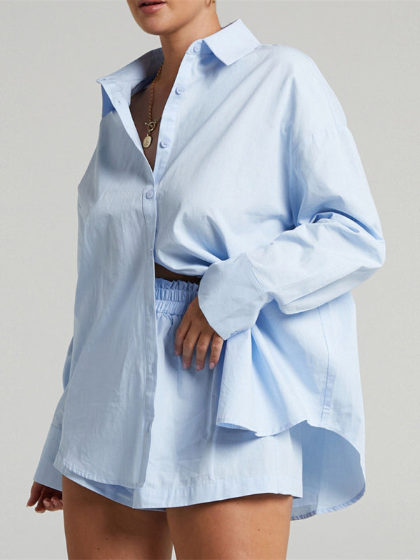 Levoire | Pour deux personnes Non teint Simple bouton Manches longues Chemise à rabat shorts Mode décontractée Tenue de loisirs