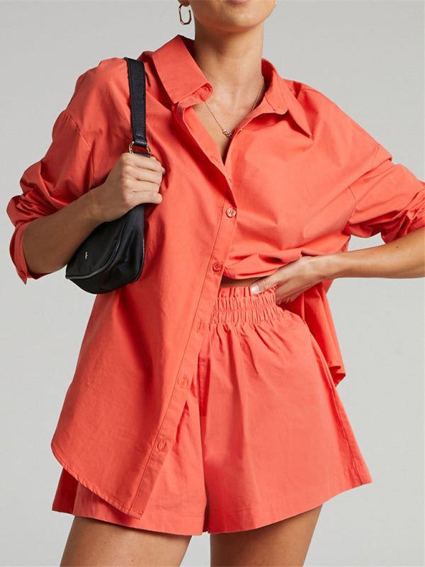 Levoire | Pour deux personnes Non teint Simple bouton Manches longues Chemise à rabat shorts Mode décontractée Tenue de loisirs Orange