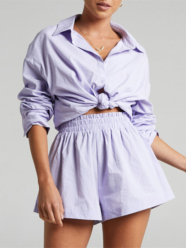 Levoire | Pour deux personnes Non teint Simple bouton Manches longues Chemise à rabat shorts Mode décontractée Tenue de loisirs Violet