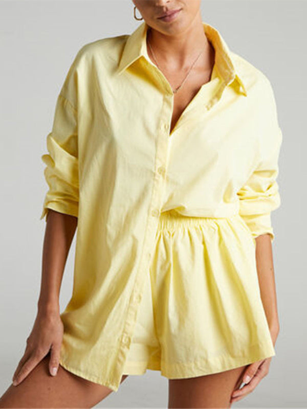 Levoire | Pour deux personnes Non teint Simple bouton Manches longues Chemise à rabat shorts Mode décontractée Tenue de loisirs Jaune