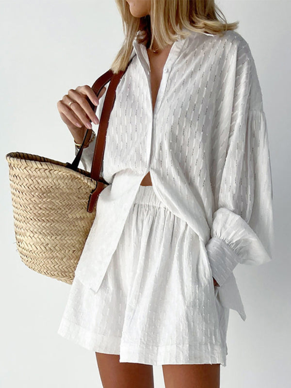 Levoire | Chemise jacquard à manches bouffantes Top court Pantalon Pendler Robe de loisirs