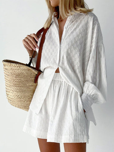 Levoire | Chemise jacquard à manches bouffantes Top court Pantalon Pendler Robe de loisirs