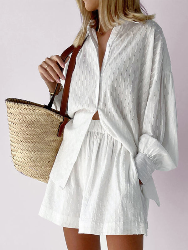 Levoire | Chemise jacquard à manches bouffantes Top court Pantalon Pendler Robe de loisirs Blanc