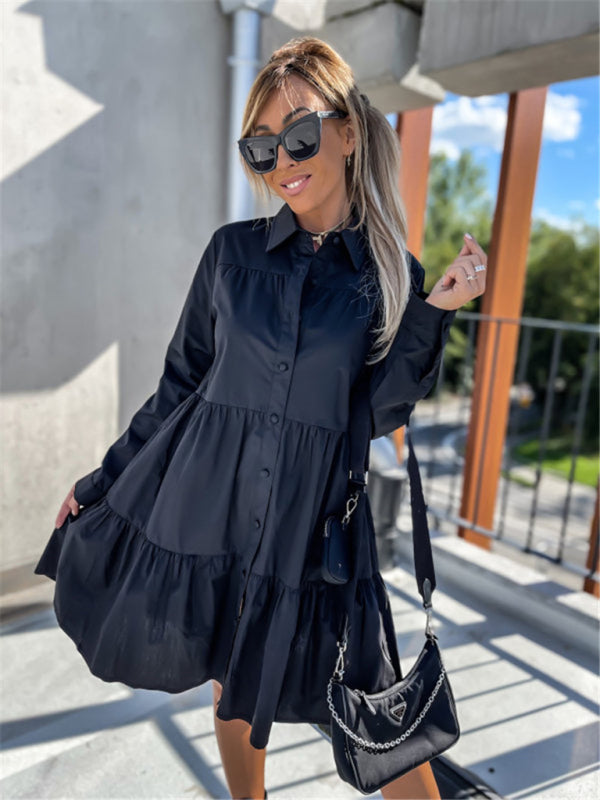 Levoire | Robe chemise ample unie européenne et américaine Noir