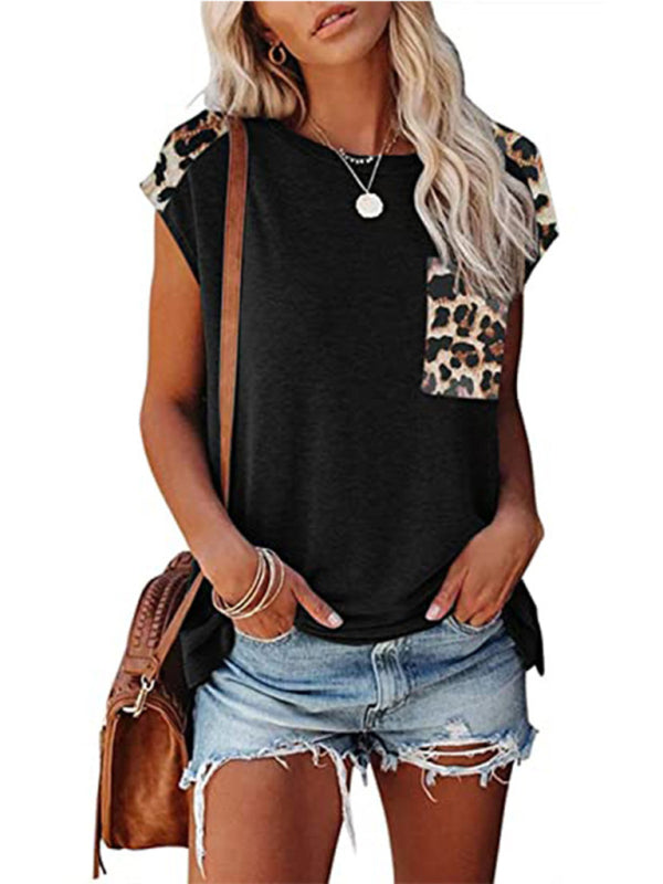 Levoire | Col rond-panneau-léopard-sac raglan sans manches T-shirt décontracté