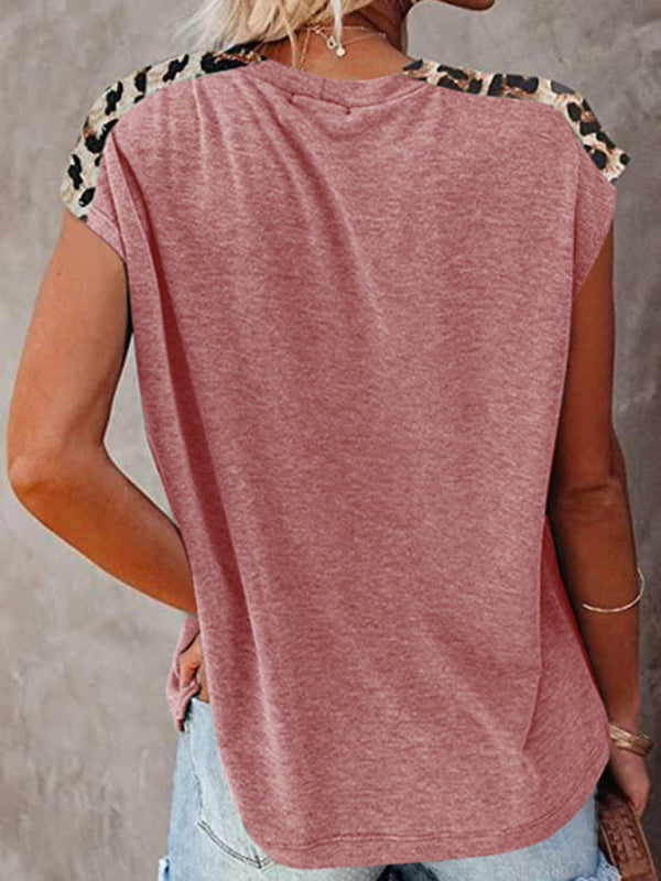 Levoire | Col rond-panneau-léopard-sac raglan sans manches T-shirt décontracté