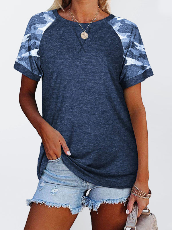 Levoire | Femme Loisirs Camouflage Imprimé Mosaïque Col Rond T-shirt à Manches Courtes Bleu