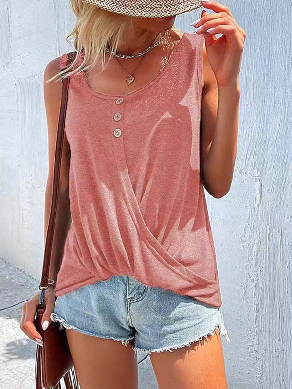 Levoire | Femme Uni Bouton-Nœud Col Rond Sans Manches Top Rosa