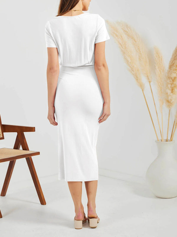 Levoire | Femmes Robe Uni Col V Manches Courtes avec Cordon et Fente
