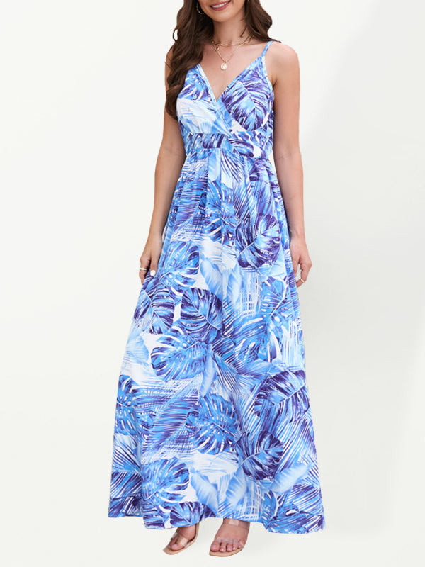 Levoire | Robe Longue Imprimée Bohème Sexy Décolleté V Bretelles Bleu