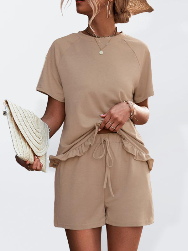 Levoire | Femmes Tricot Col Rond Robe Manches Courtes Shorts Temps Libre Ensemble Deux Pièces Kaki