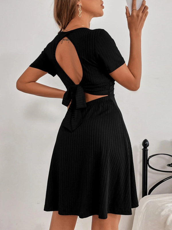 Levoire | Femmes Tricoté Sexy Dos Nu V-cou Volant Courtes Manches Robe