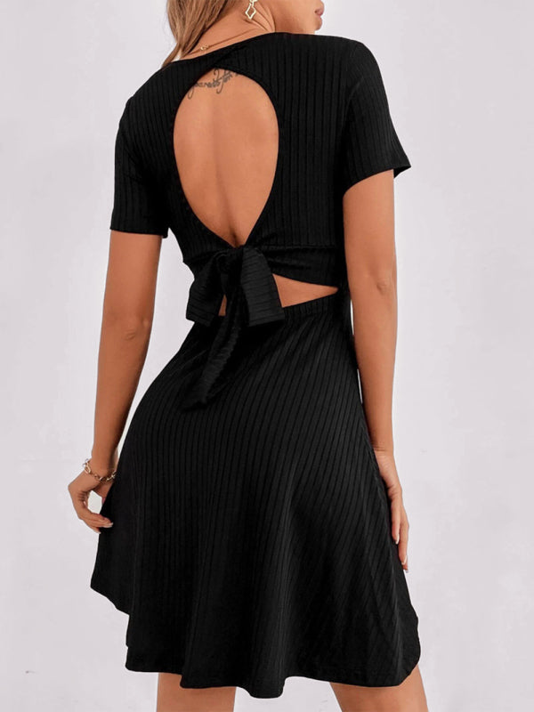 Levoire | Femmes Tricoté Sexy Dos Nu V-cou Volant Courtes Manches Robe Noir