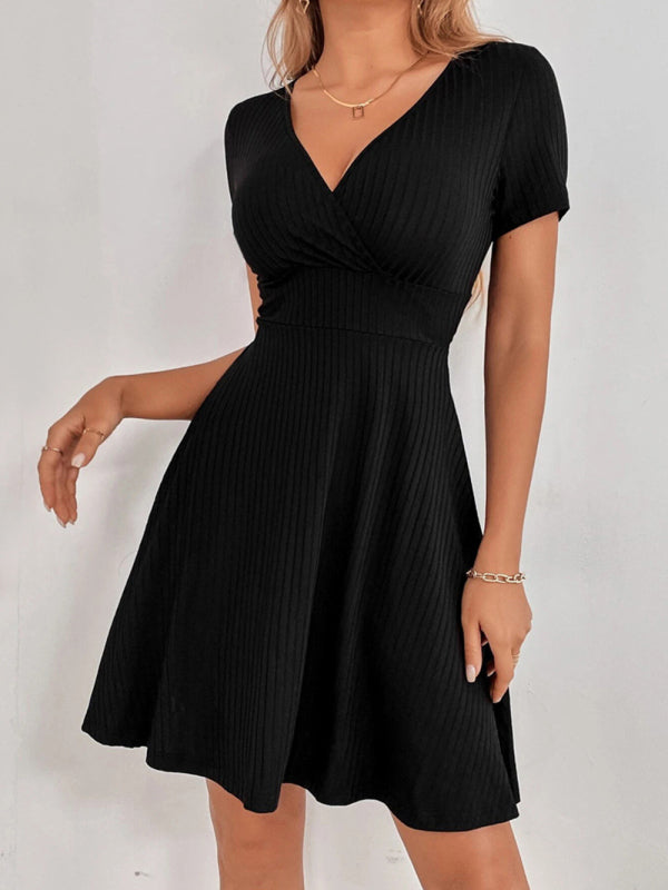 Levoire | Femmes Tricoté Sexy Dos Nu V-cou Volant Courtes Manches Robe