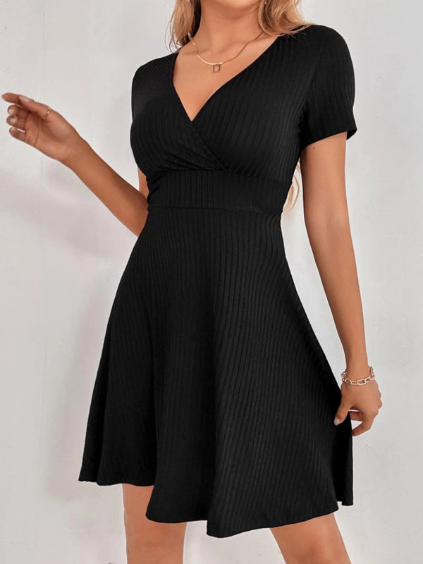 Levoire | Femmes Tricoté Sexy Dos Nu V-cou Volant Courtes Manches Robe