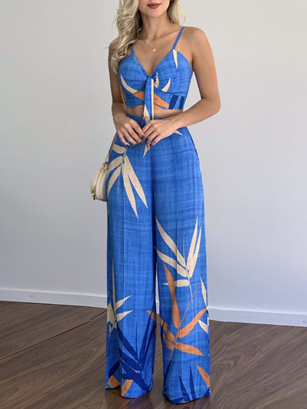 Levoire | Robe en lin décontractée à encolure en V taille haute imprimée avec pantalon large en deux pièces Sininen