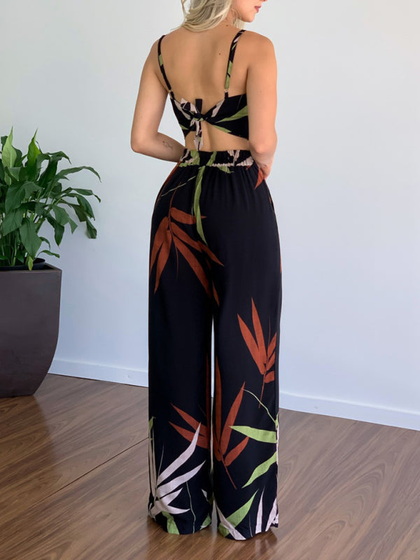 Levoire | Robe en lin décontractée à encolure en V taille haute imprimée avec pantalon large en deux pièces